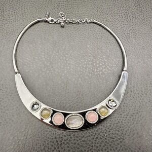 WHBM Statement Collar Necklace Crystal Mother of Pearl Silver Tone Pink Gray